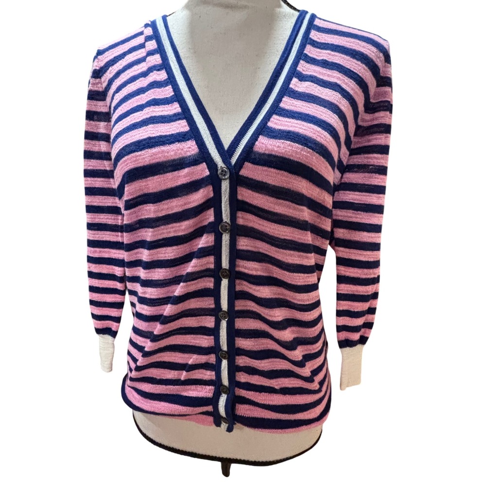 J. Crew Pink Navy Stripe V Neck Button Front Cardigan Sweater Size‎ S